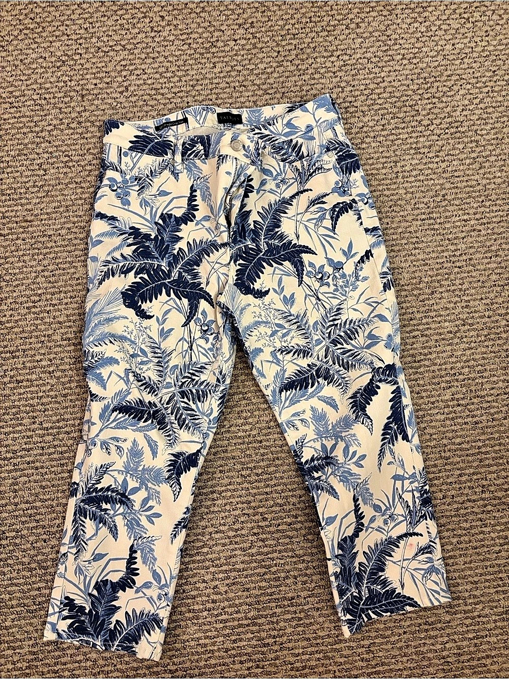 Talbots Straight Crop Jean Cream & Blue Palm Print Size 12P Like New